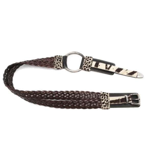 Vintage 90s La Doppia Vita Leather Pony Hair Belt Animal Print Braided Brown Whi - Picture 4 of 14